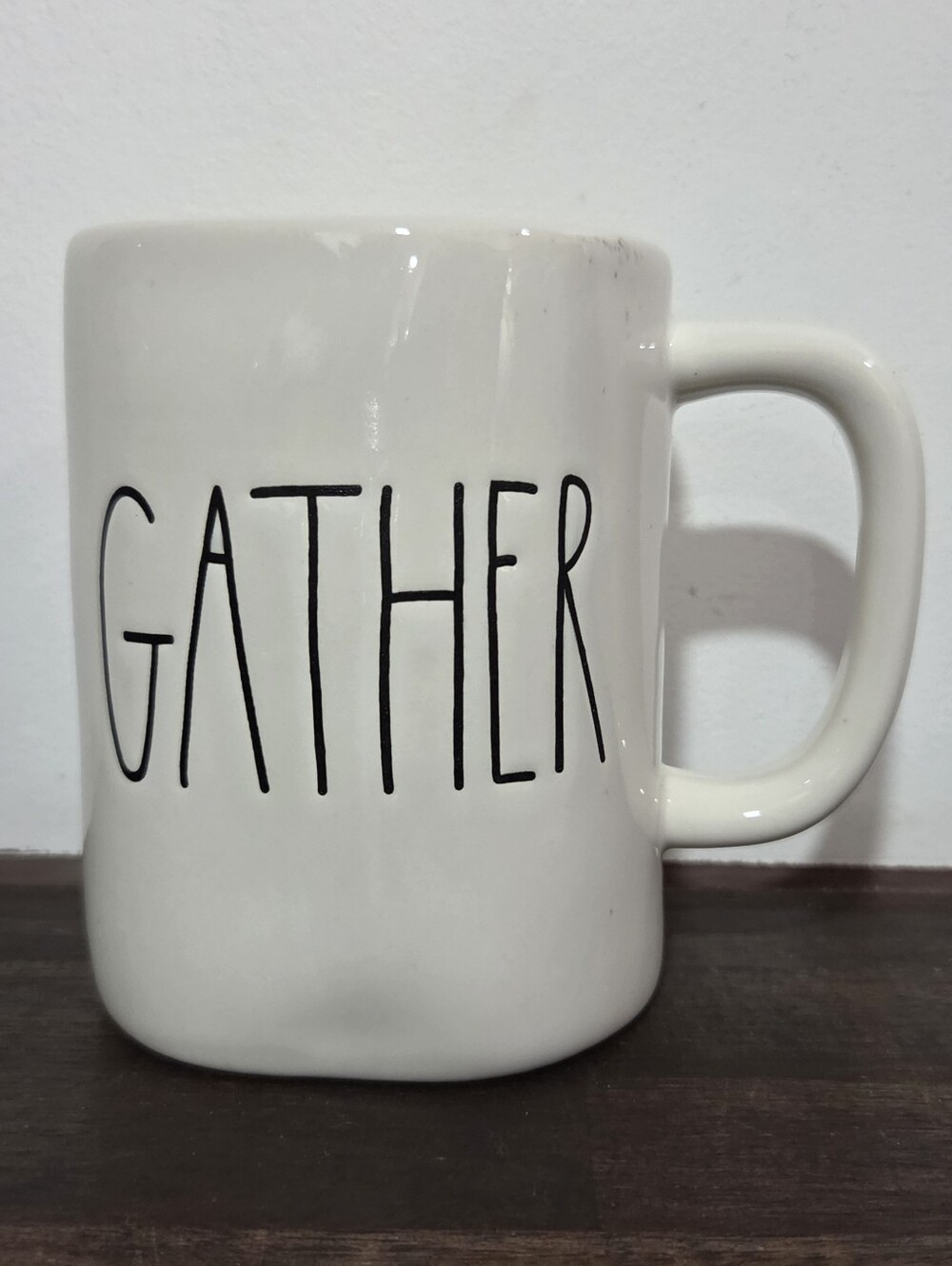 Rae Dunn Magenta White Mug with Black "GATHER" Lettering